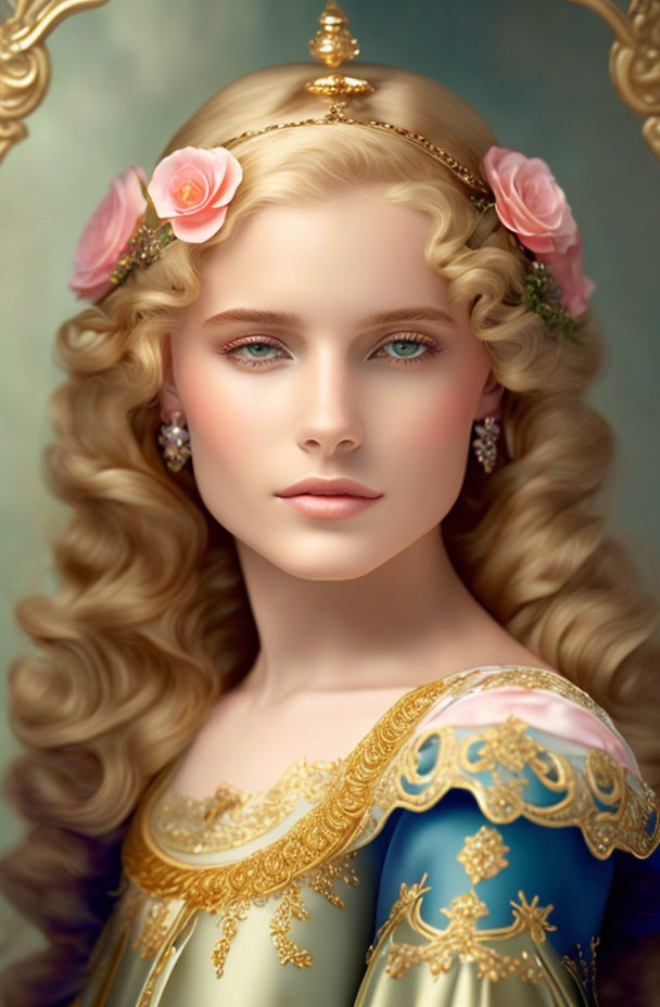 Portrait of Woman with Wavy Blonde Hair and Gold Tiara