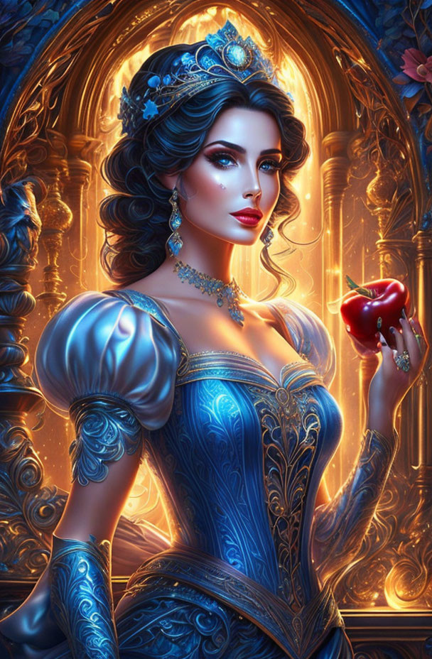 Regal woman in blue gown holding red apple with gold patterns and glowing light