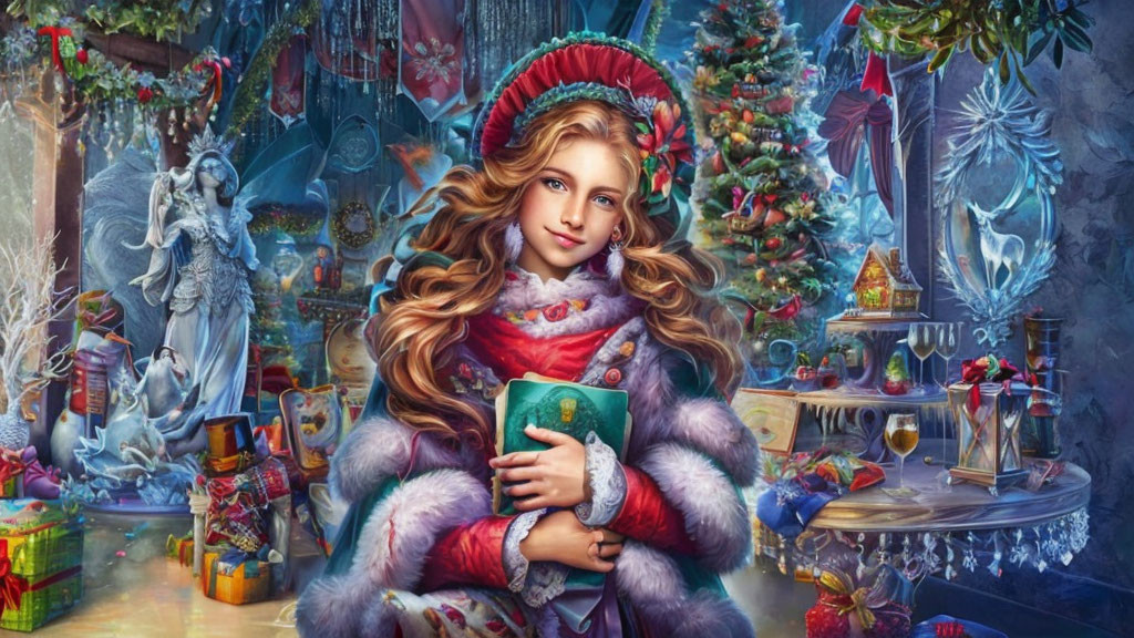 Young girl in festive attire surrounded by Christmas decorations and gifts