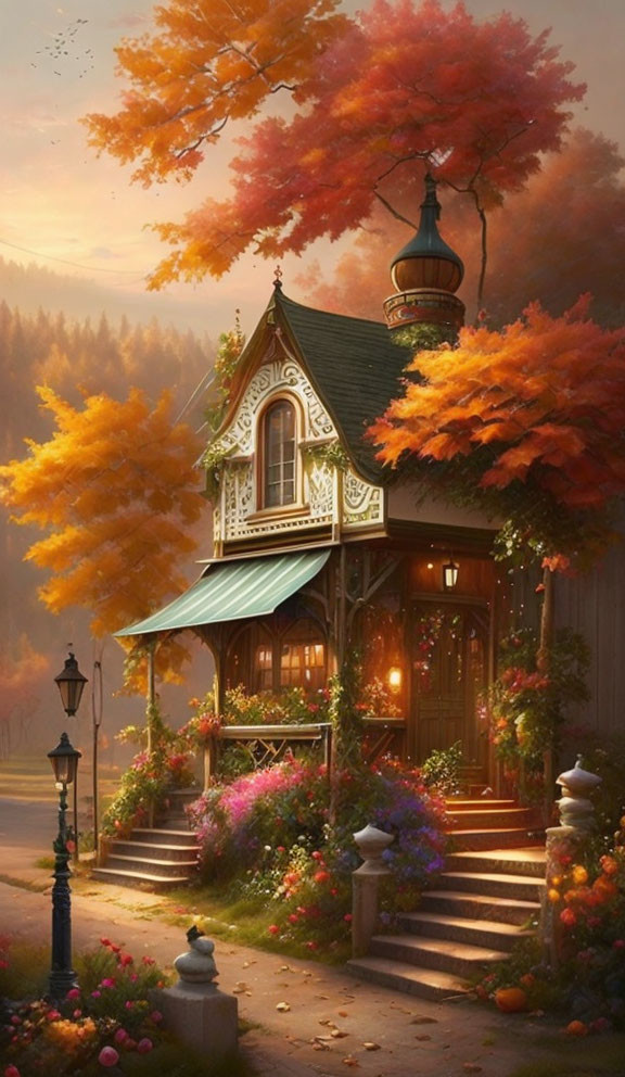 Victorian-style house surrounded by autumn foliage and flowers, warm glow from windows.