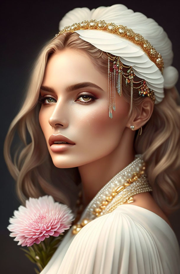 Woman's digital portrait with golden jewelry, white outfit, pink flower against dark backdrop