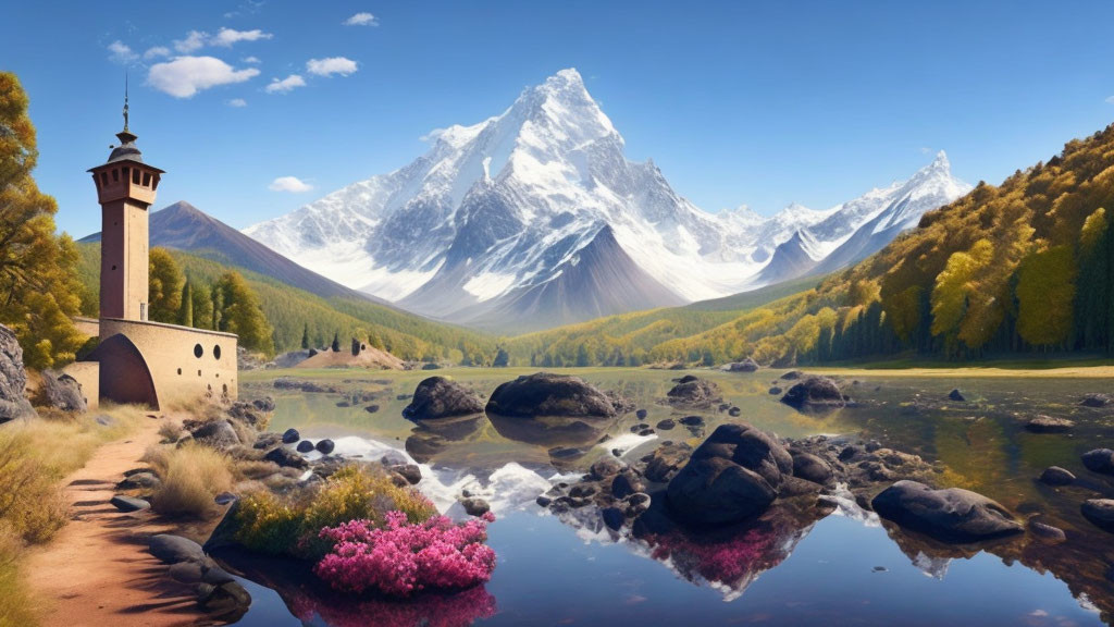 Mosque with minaret by river, pink flowers, autumn trees, snow-capped mountains