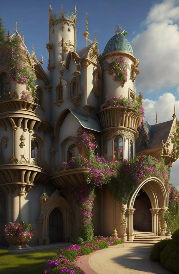 Enchanting castle with ornate towers in lush greenery