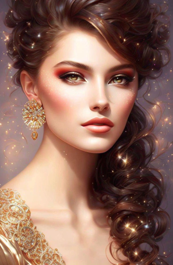 Lustrous Curly Hair, Sparkling Makeup, Elegant Gold Jewelry