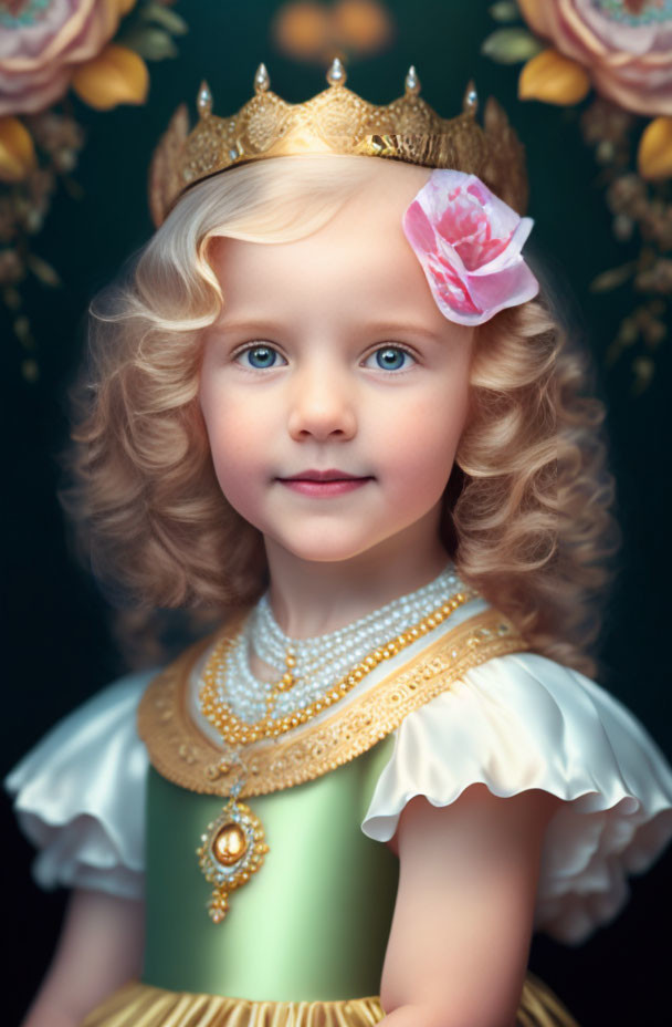 Young girl with curly blonde hair in golden crown, pink flower, pearls, yellow dress with green bod