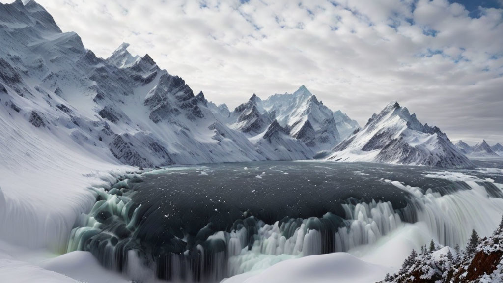 Frozen Waterfall Phenomenon in Snow-Covered Mountains