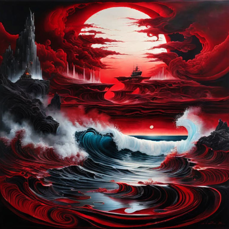 Surreal red and black seascape with castle, ship, swirling clouds