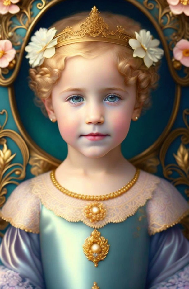 Young Child Portrait with Blue Eyes and Golden Tiara in Vintage Gown