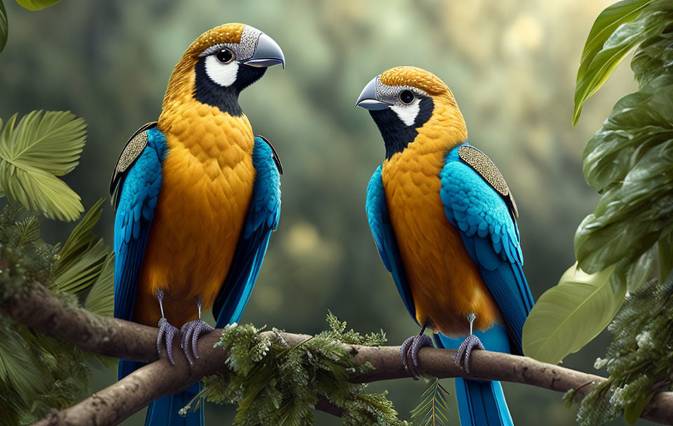 Vibrant blue and gold macaws on branch with green foliage