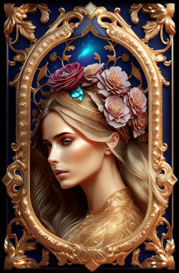 Digital artwork: Woman in golden attire, ornate oval frame with roses, starry background