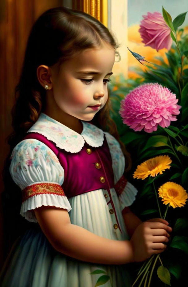 Young girl in vintage dress admiring flowers with bird nearby