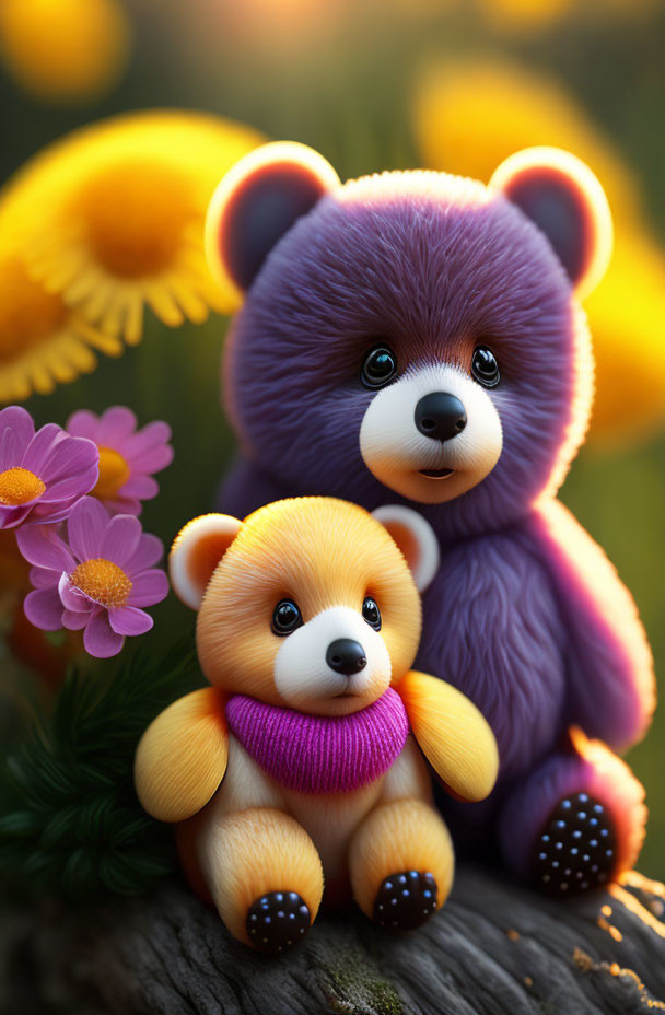 Pair of Plush Teddy Bears with Colorful Scarves in Flower Garden