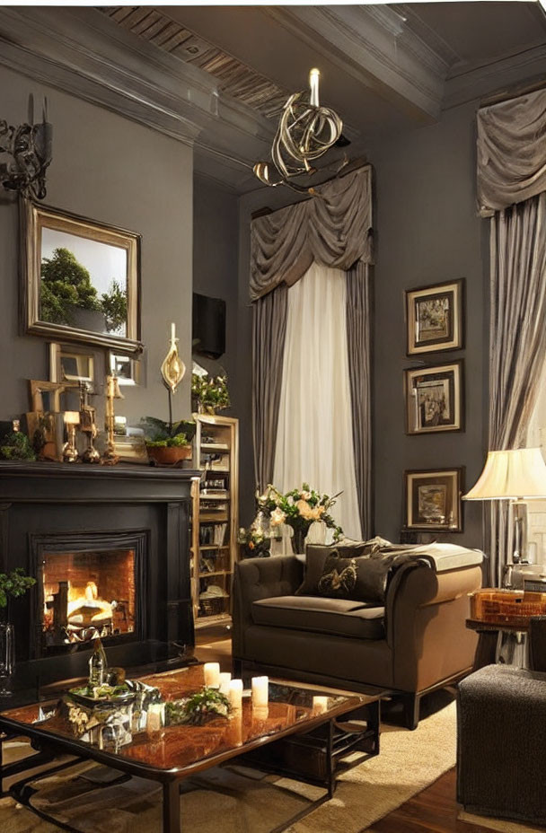 Sophisticated living room with fireplace, brown sofa, glass table, dark walls, gray curtains,