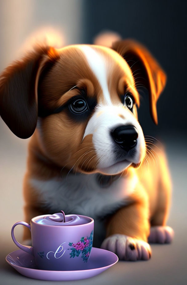 Brown and White Puppy Beside Purple Teacup with Floral Detailing