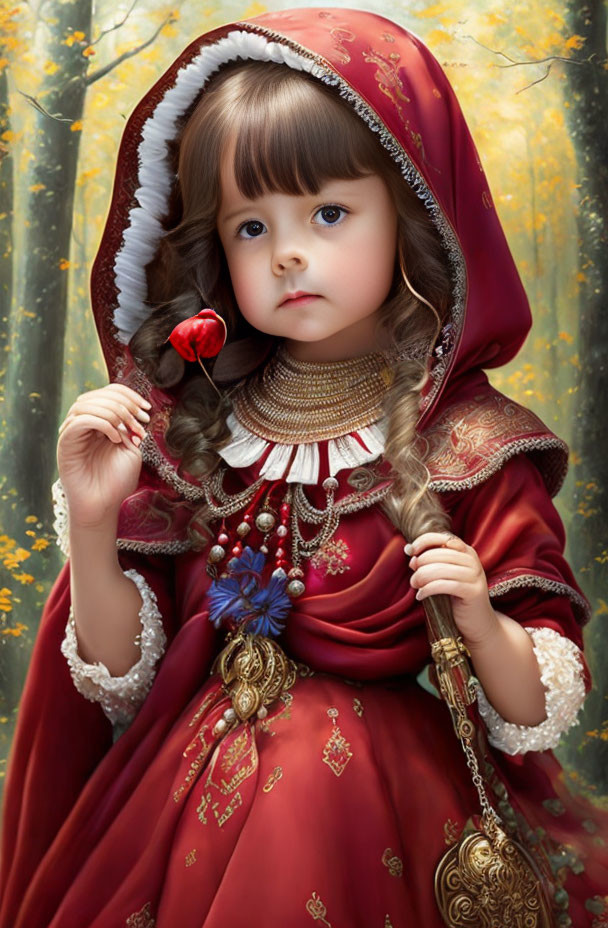 Young girl in red hooded cloak with embroidered details holding red flower in forest.