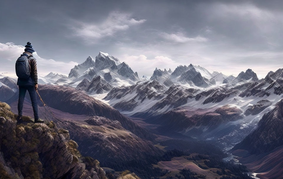 Person on Cliff Overlooking Snowy Mountain Range