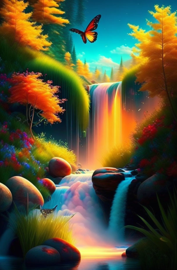 Colorful Forest with Waterfall, River, Rocks, and Butterflies at Twilight