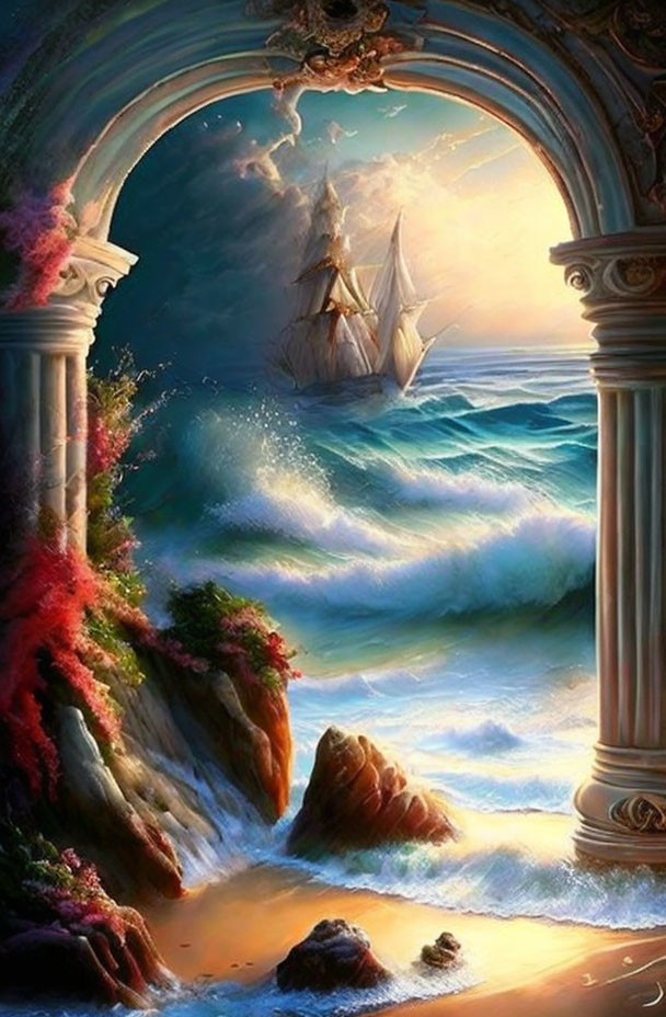 Fantasy seascape with ship in tumultuous waves and archway view.