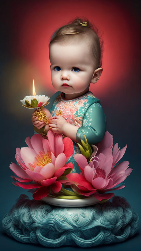 Serene baby with bow holding lit candle on wave and flower bed