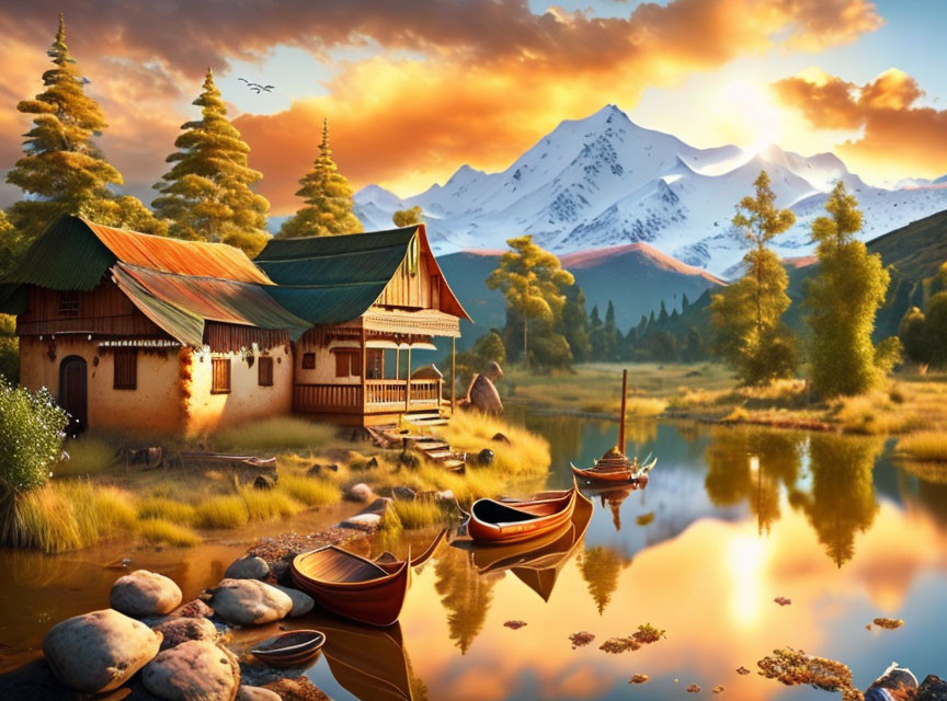 Tranquil lakeside sunset with house, boats, trees, and mountains