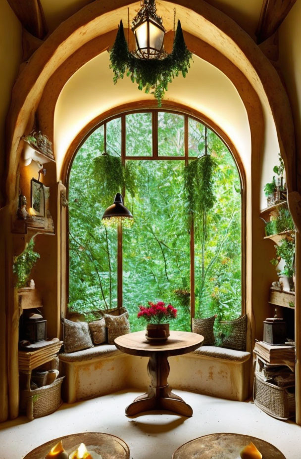 Cozy nook with arched window and forest view, red flowers, hanging plants, rustic decor