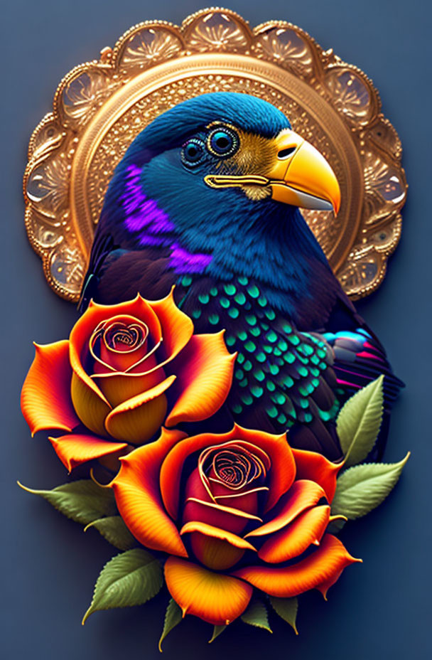 Colorful digital artwork: Blue and green bird with golden beak among orange roses on ornate golden