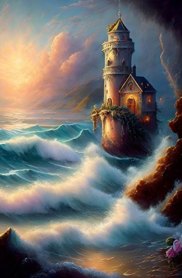 Majestic castle on rocky cliff amid stormy sea and fiery sky