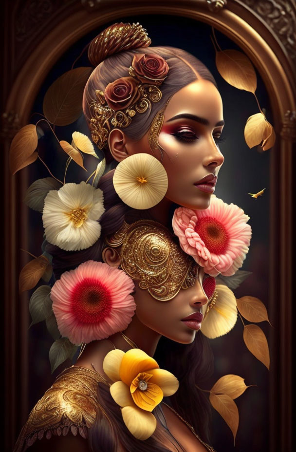 Elaborate floral hairstyle with golden eye patch portrait