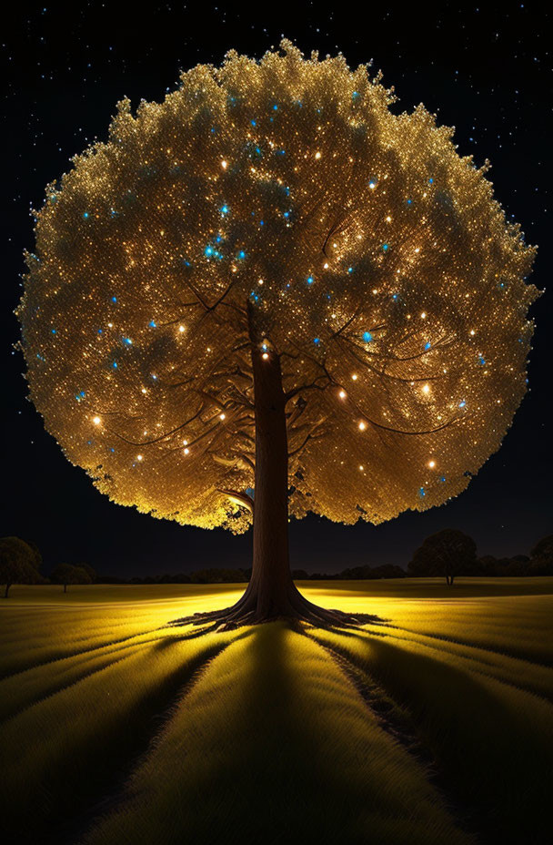 Single Tree Glowing with Lights in Starry Night Sky