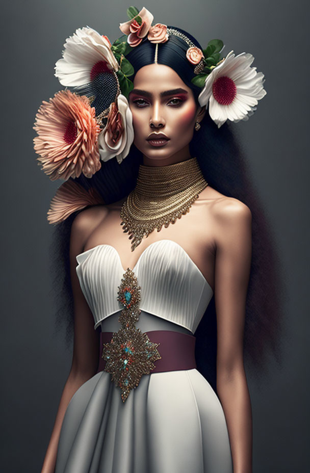 Woman with floral headpiece and gold choker in white dress gazes forward