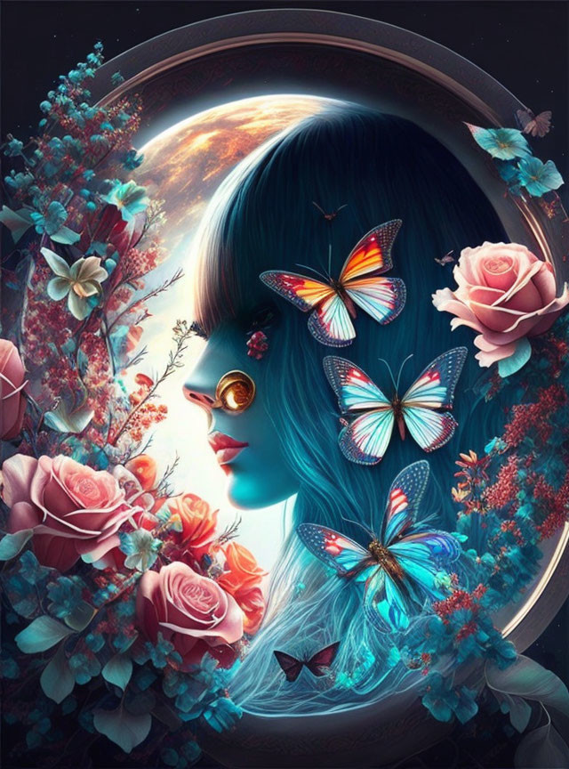 Surreal portrait of woman with blue hair, roses, butterflies, and cosmic elements in circular frame