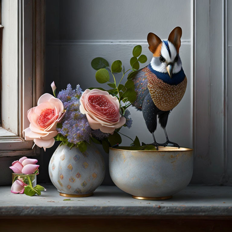 Unique creature with owl head, bird body, and rabbit ears by vase of roses and lilacs