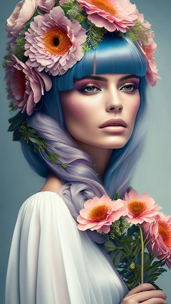 Woman with Blue and Purple Hair Wearing Floral Crown and Holding Flowers