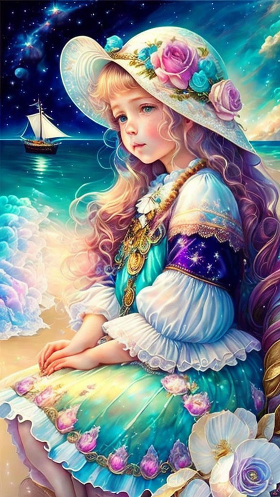 Colorful Illustration: Young Girl by the Sea at Night