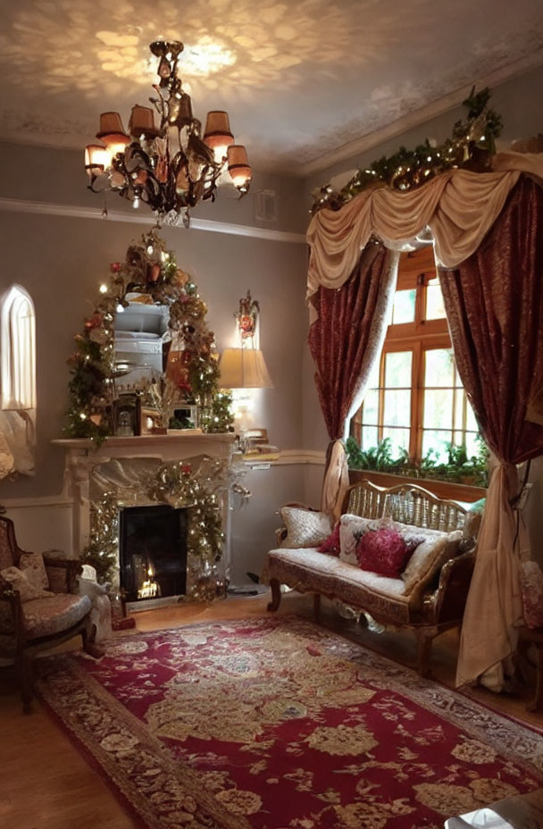 Festive Christmas living room with tree, garlands, fireplace