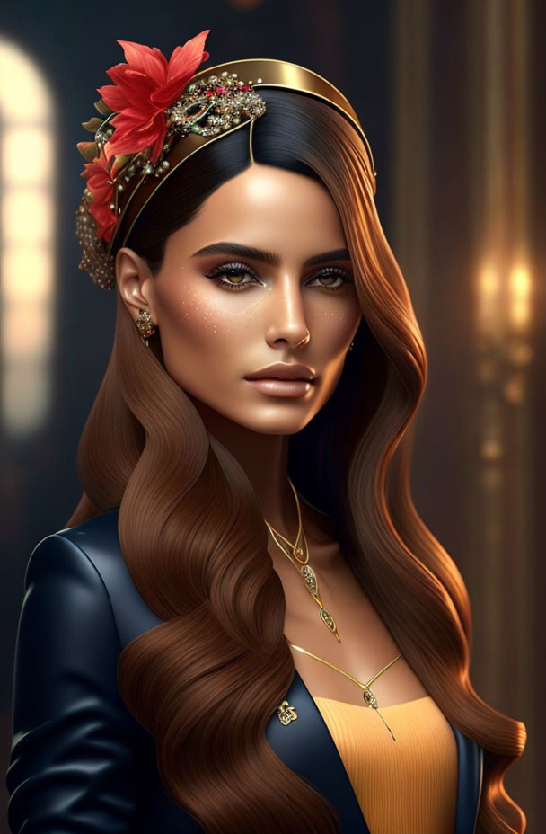 Illustrated portrait of woman with long wavy hair, red flower headband, jewelry, dark outfit