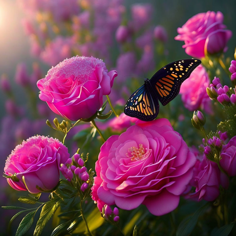 Monarch butterfly on pink flowers with dewdrops in sunlit garden