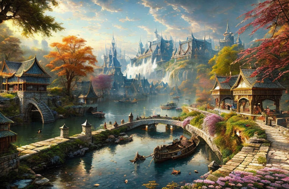 Elaborate castle and stone bridge in serene fantasy landscape