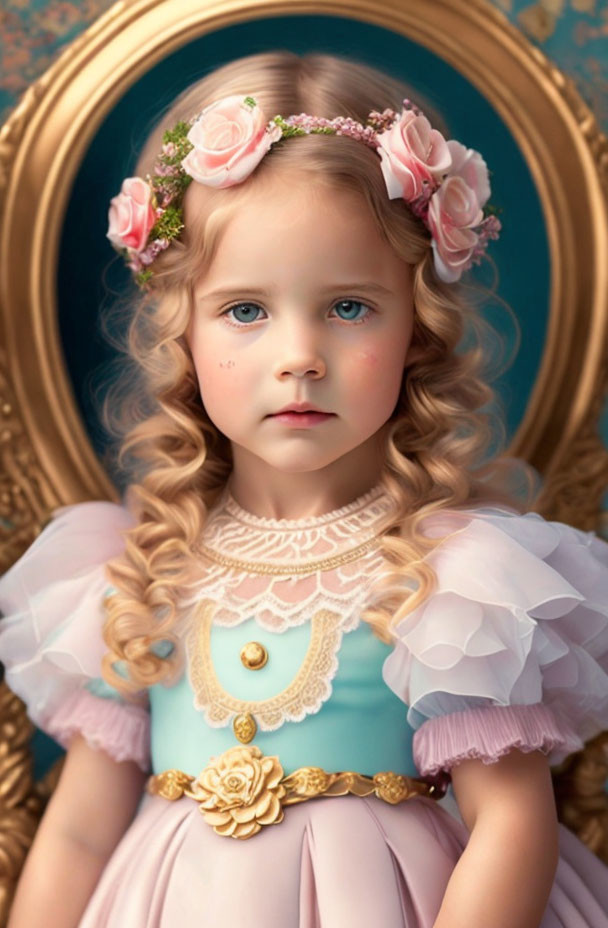 Young girl portrait with blue eyes, floral headband, lace collar, pastel dress in ornate