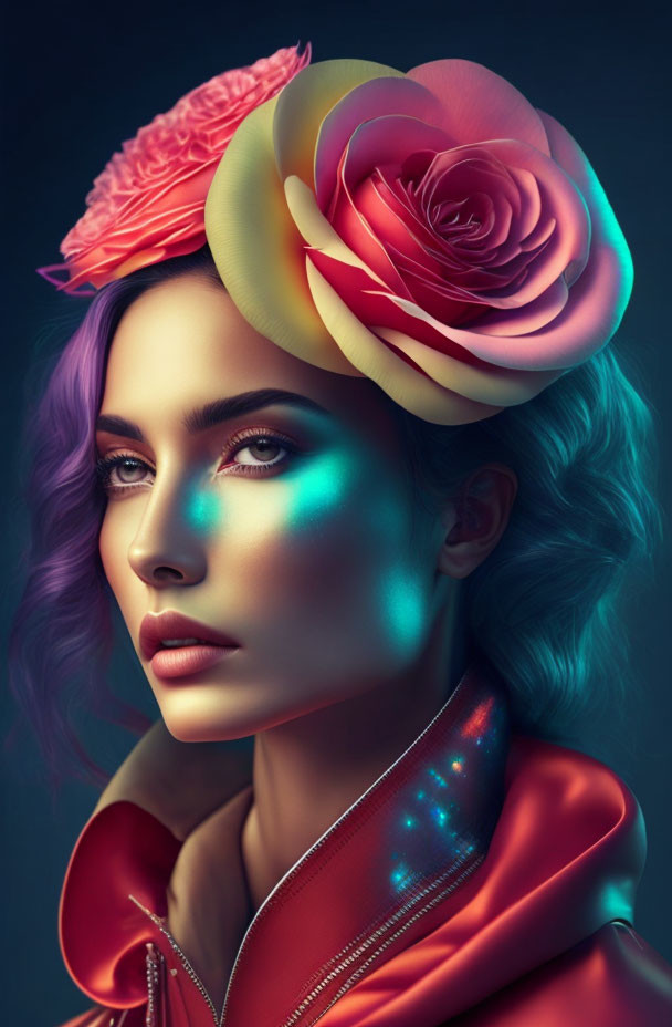 Colorful makeup and purple hair woman in rose hat under vibrant lights