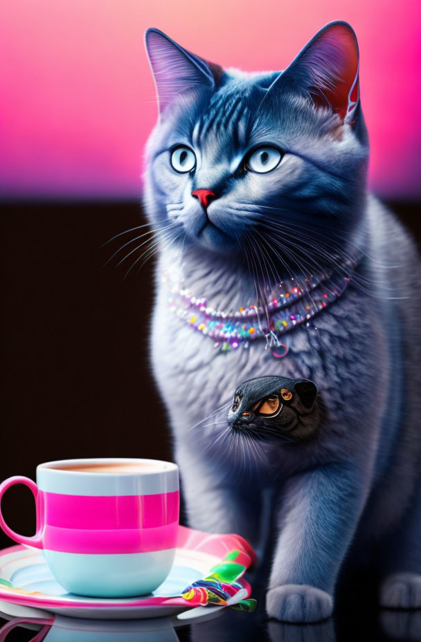 Blue-Grey Cat with Blue Eyes and Coffee Cup Reflection