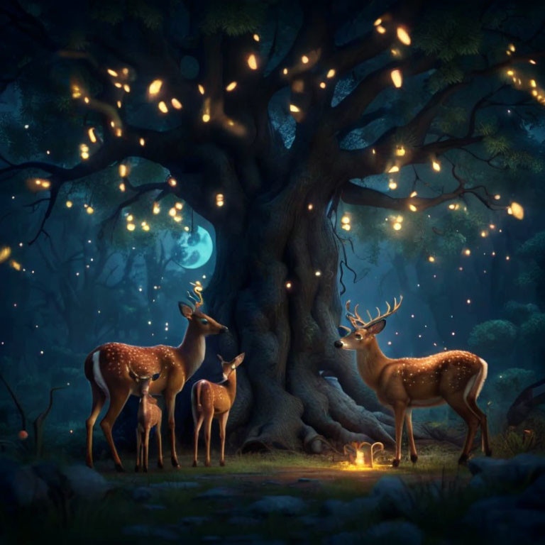 Moonlit night scene with ancient tree, glowing lanterns, and deer family