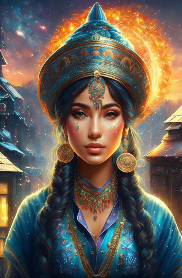 Digital artwork: Woman with braided hair in blue and gold turban against fiery cosmic backdrop