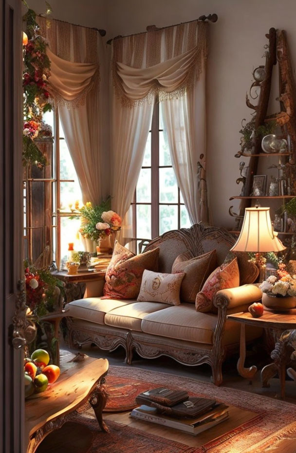 Vintage-style room with classic furniture, warm lighting, decorative pillows, and a book on a coffee table