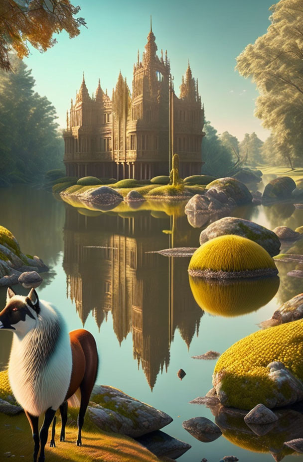 Mystical landscape with antelope, yellow-domed plants, and castle reflected in river