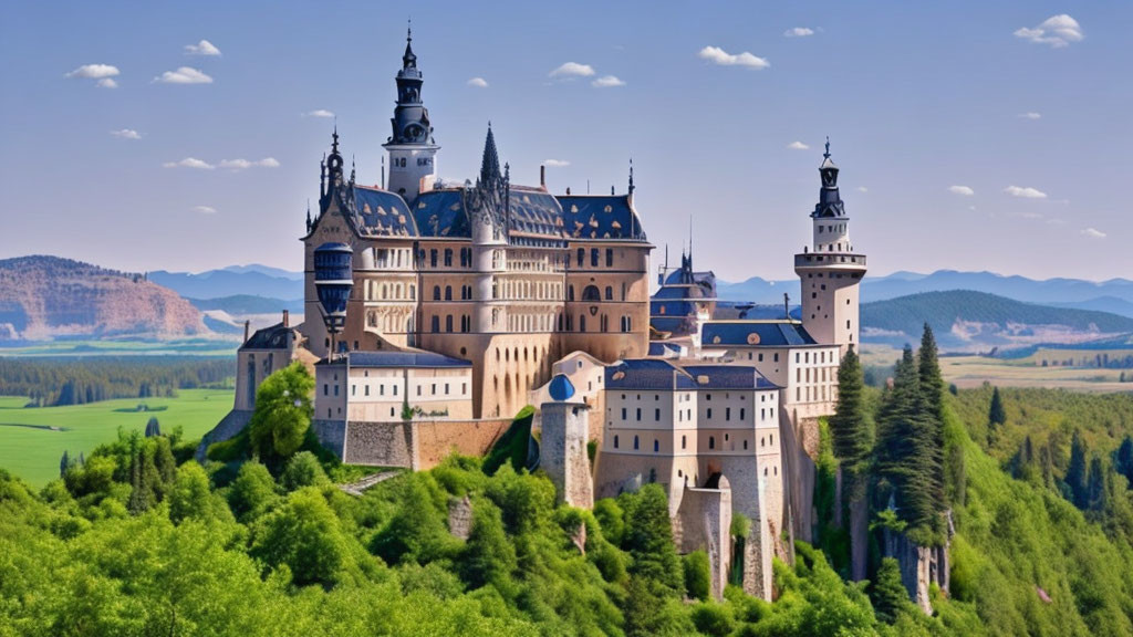 Majestic castle with spires on green hill, surrounded by lush forests