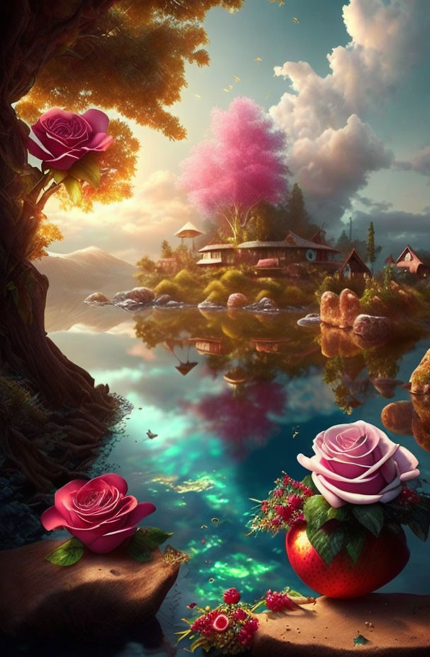 Whimsical landscape with oversized roses, serene lake, pink-clouded sky, houses, and trees