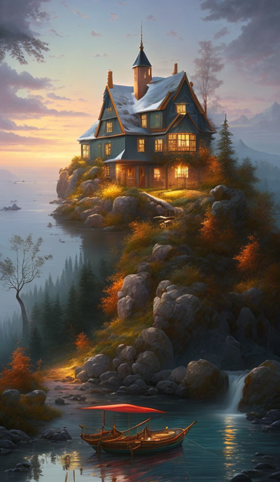 Tranquil dusk scene: house on island, boat, autumn trees