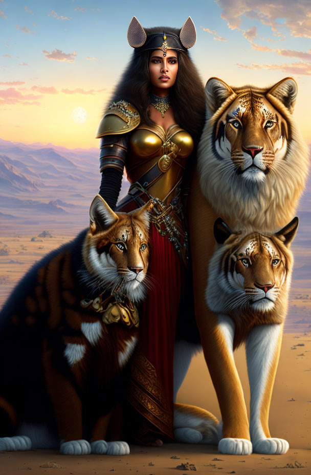 Warrior woman in armor with helmet and fantasy lions in desert setting