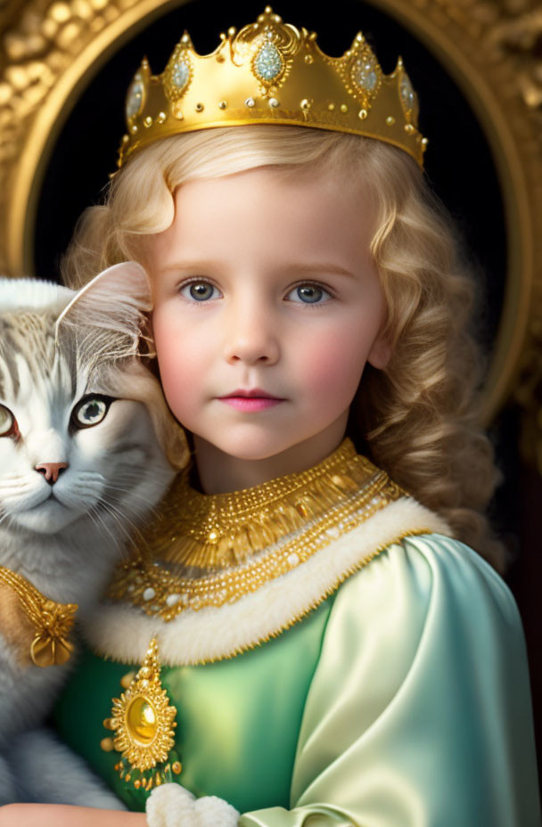 Young girl in green dress with white cat and golden crown